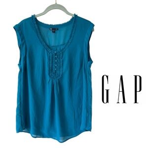 GAP Women's Teal Blue Sleeveless Sheer Fringe Trim Scoop Neck Top Size M…